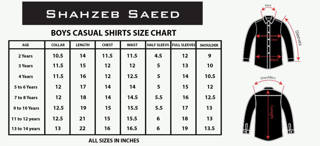 Boys Casual Shirts Size Chart
