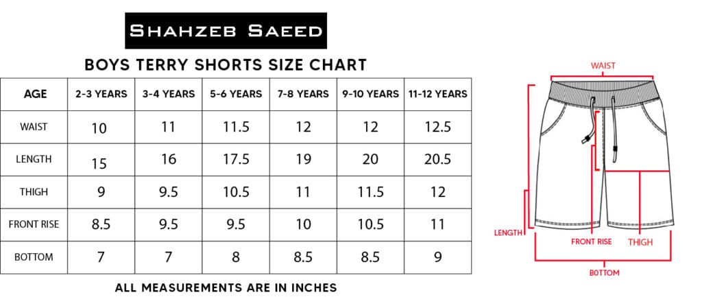Boys Terry Shorts Size Chart