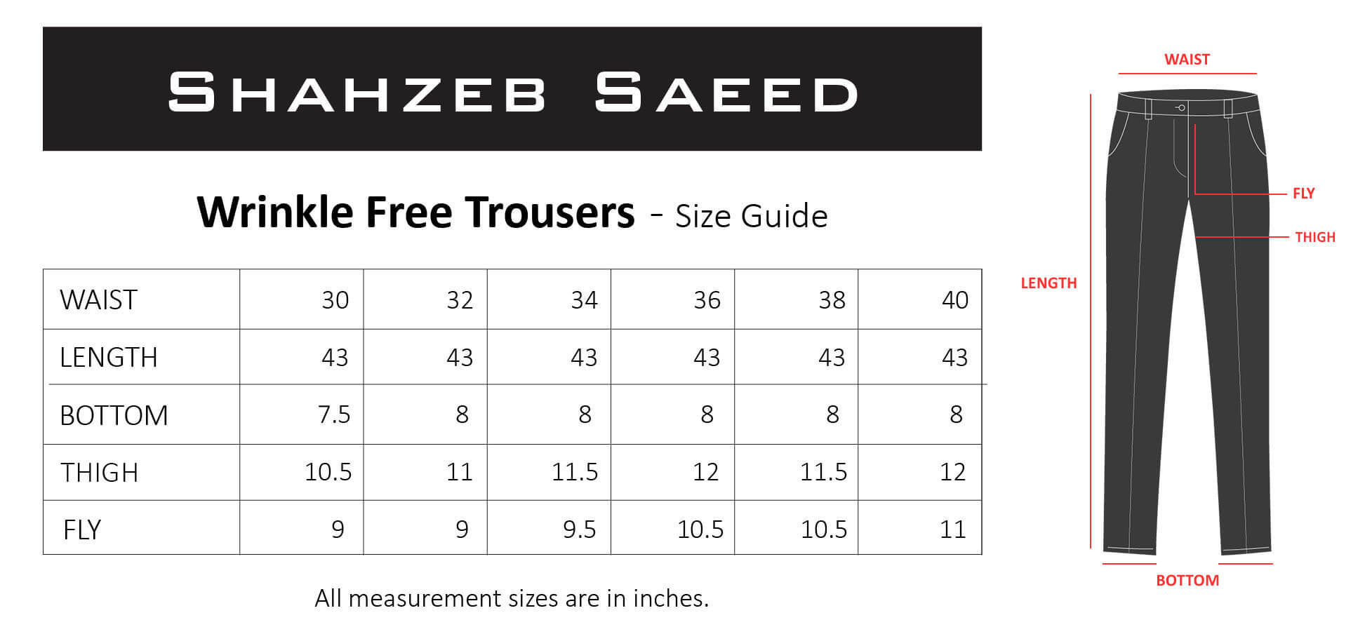 Wrinkle Free Size Chart