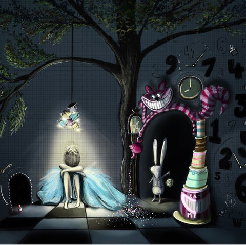 Alice In Wonderland Illustration with the Cheshire Cat and White Rabbit