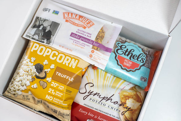 gift box with symphony chips cheese balls granola bar and dessert bar