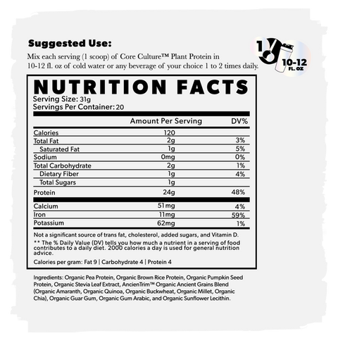 organic plant protein core culture supplement facts panel