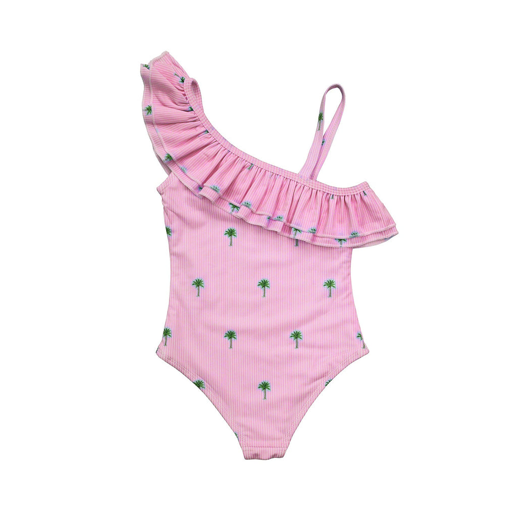 Girl's Pink Palm Stripes Swimsuit