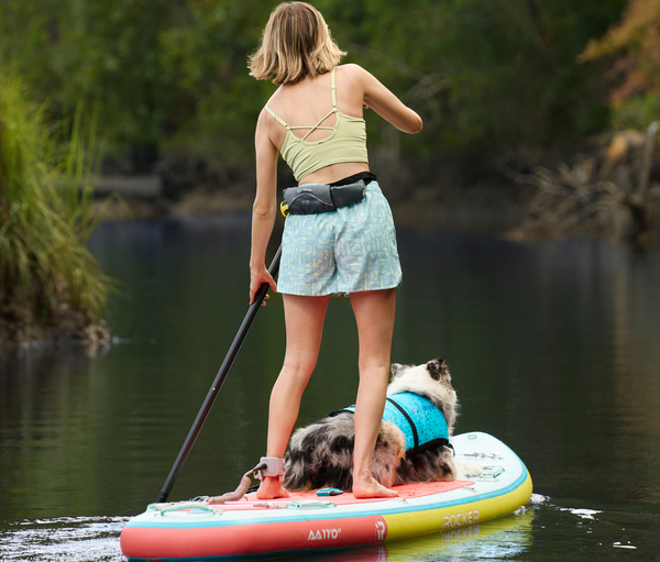 woman paddle boarding with dog on the board 