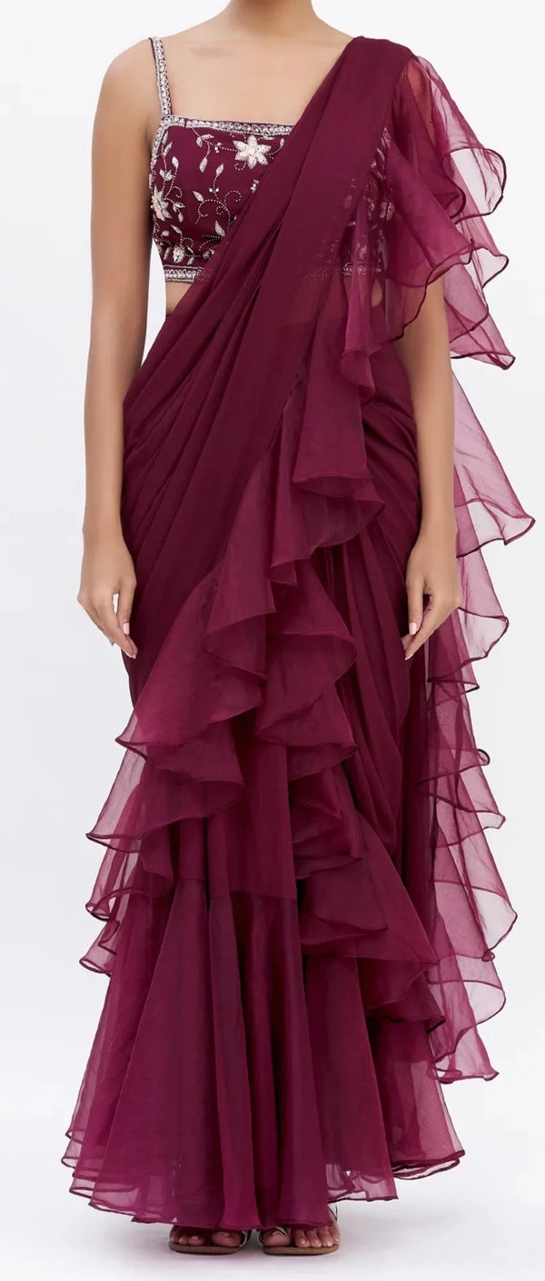 Chhaya Mehrotra Ruffle Pre-draped Saree Set | Maroon, Silk Georgette, V  Neck, Sleeveless | Saree designs party wear, Cutout blouse, Saree designs