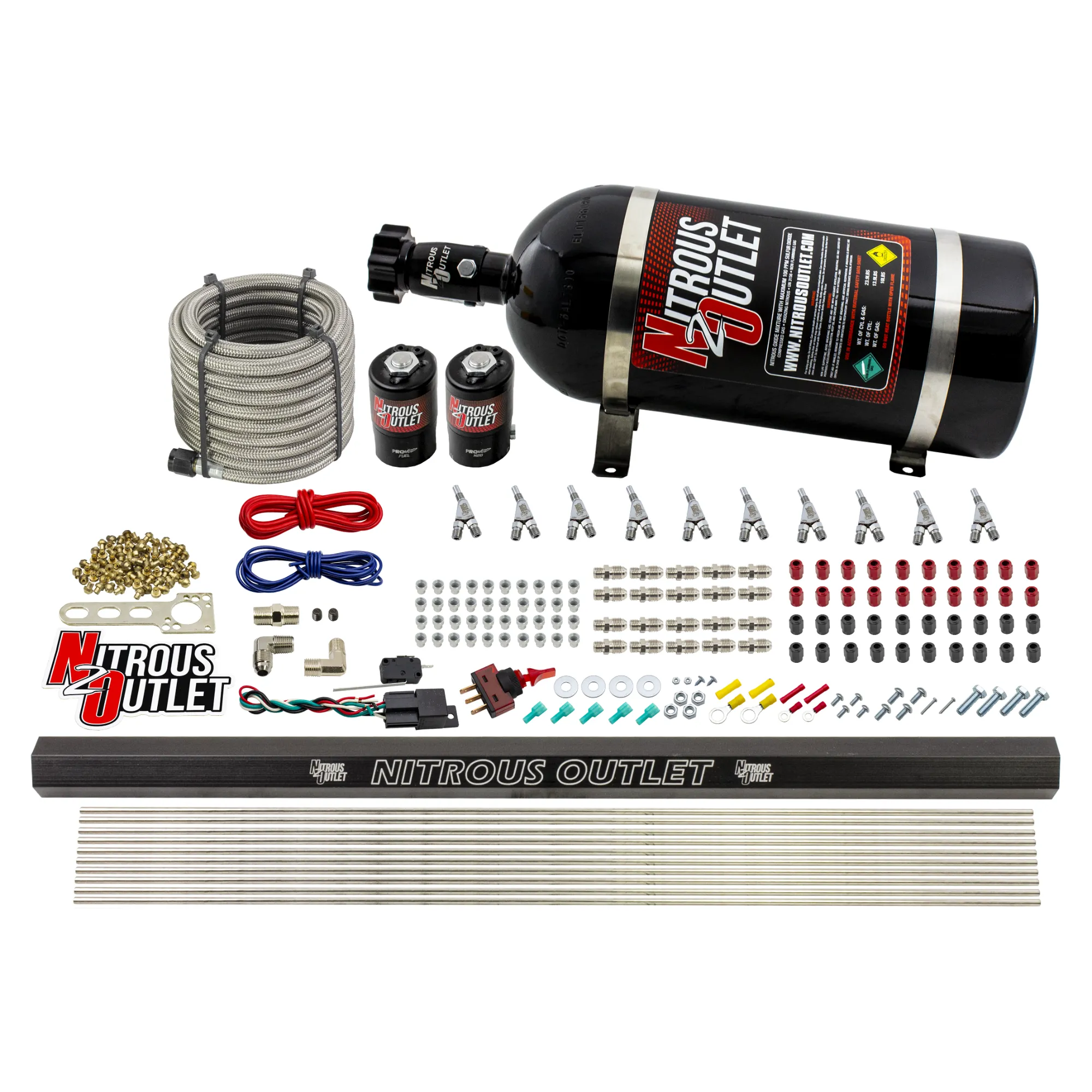 10 Cylinder Wet Direct Port System With Single Injection Rail - Alcohol - .122" Nitrous/.310" Fuel - Straight Blow Through Aluminum Nozzles