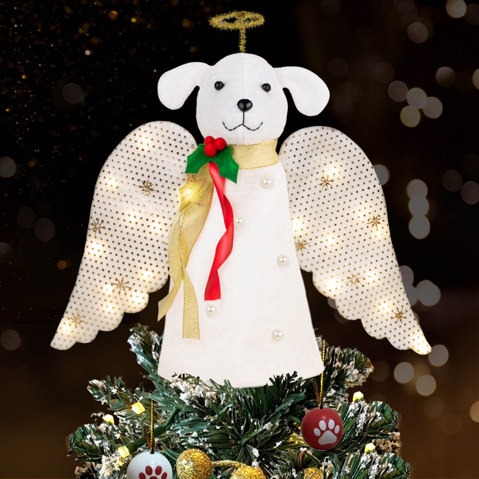 Image of Limited Time Early Bird Offer- A ‘Christmas Miracle’ Angel Dog Tree Topper with Golden Sparkle Lighted Wings - Helps Feed 30 Hungry Shelter Dogs in Need