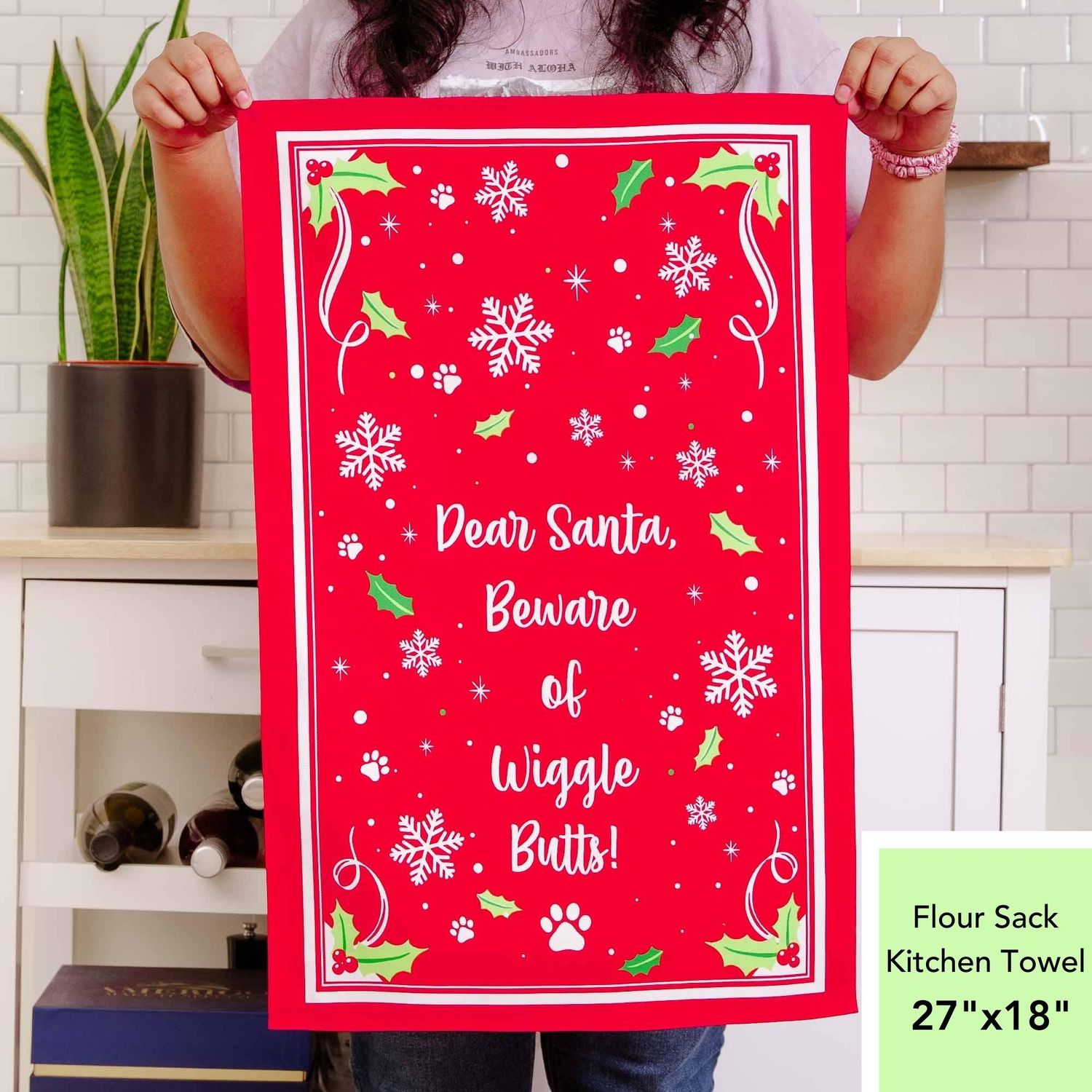 Image of iHeartDogs -Dear Santa Beware of Wiggle Butts - 100% Cotton Flour Sack Kitchen Dish Towel 27" x 18"