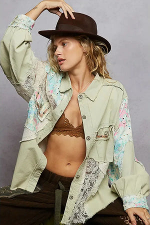 Long Sleeve Crochet Woven Twill Jacket By Pol - Sweet Mia's Boutique