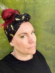 Black Head Wrap with Gold Feathers