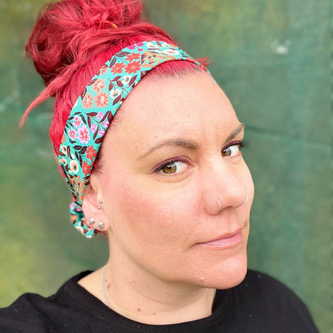 Bandanas and Head Scarves Teal Oriental Floral Wired Headwrap