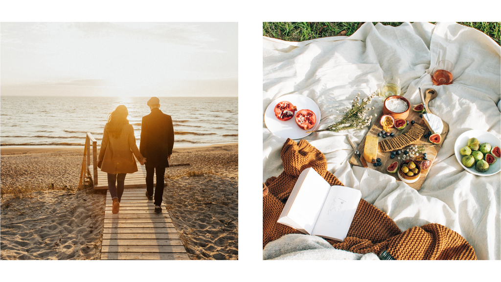 a couple walking on the beach, a picnic