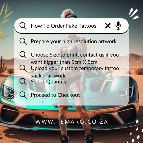 TeMaRo Custom Temporary Tattoos South Africa is your reliable temporary tattoos printing company. We own the only temporary tattoos printing factory in Africa serving customers located worldwide