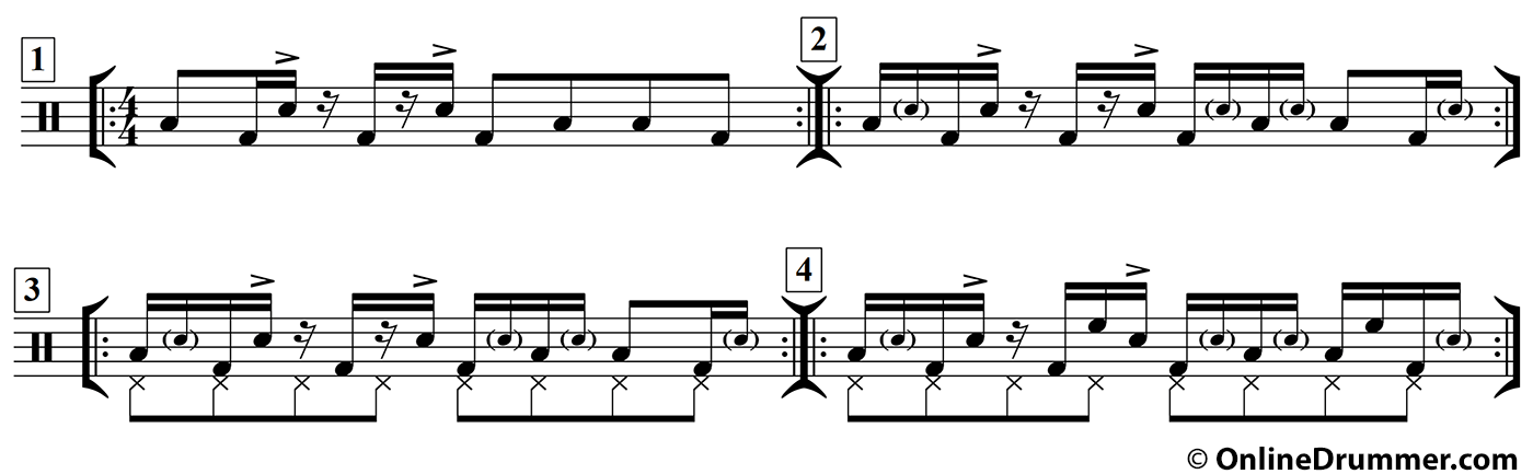 Drum notation for the "A Slick Almost-Linear Build" drum lesson.