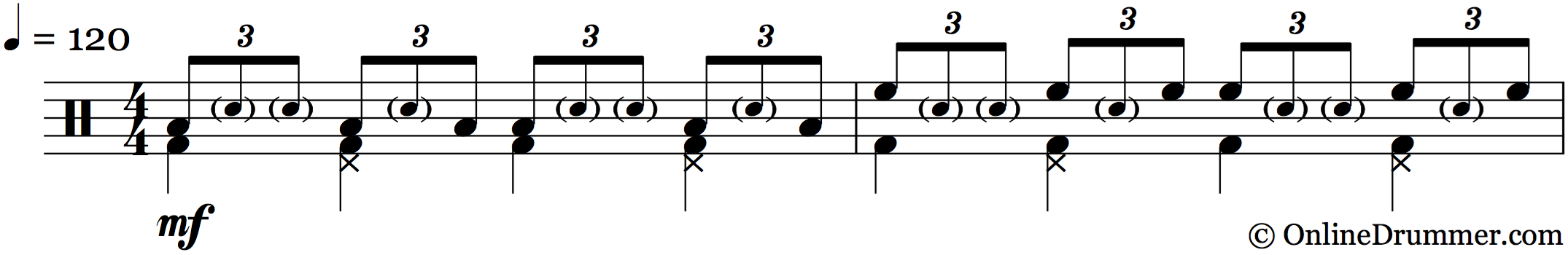 Drum notation for the "Balancing the Hands - Swing" drum lesson.