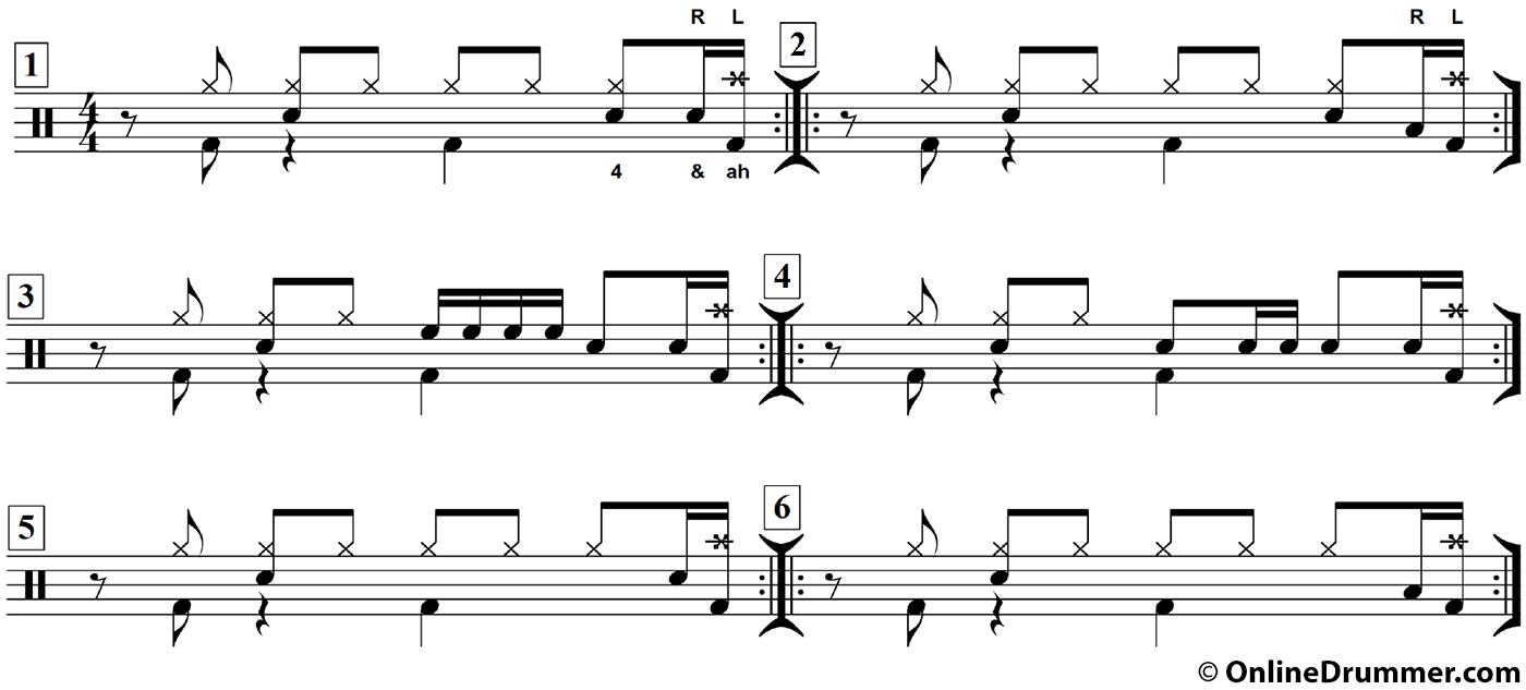 Drum notation for the "Exploring the & ah" drum lesson.