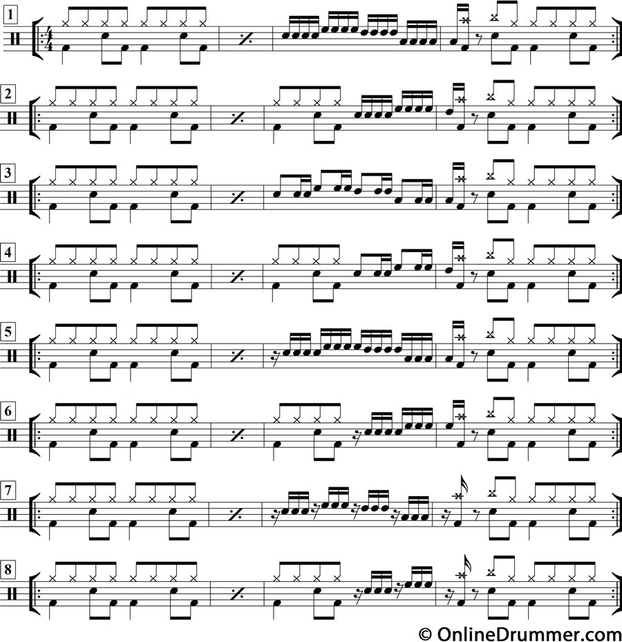 Drum notation for the "Extending the Drum Fill Ideas" drum lesson.