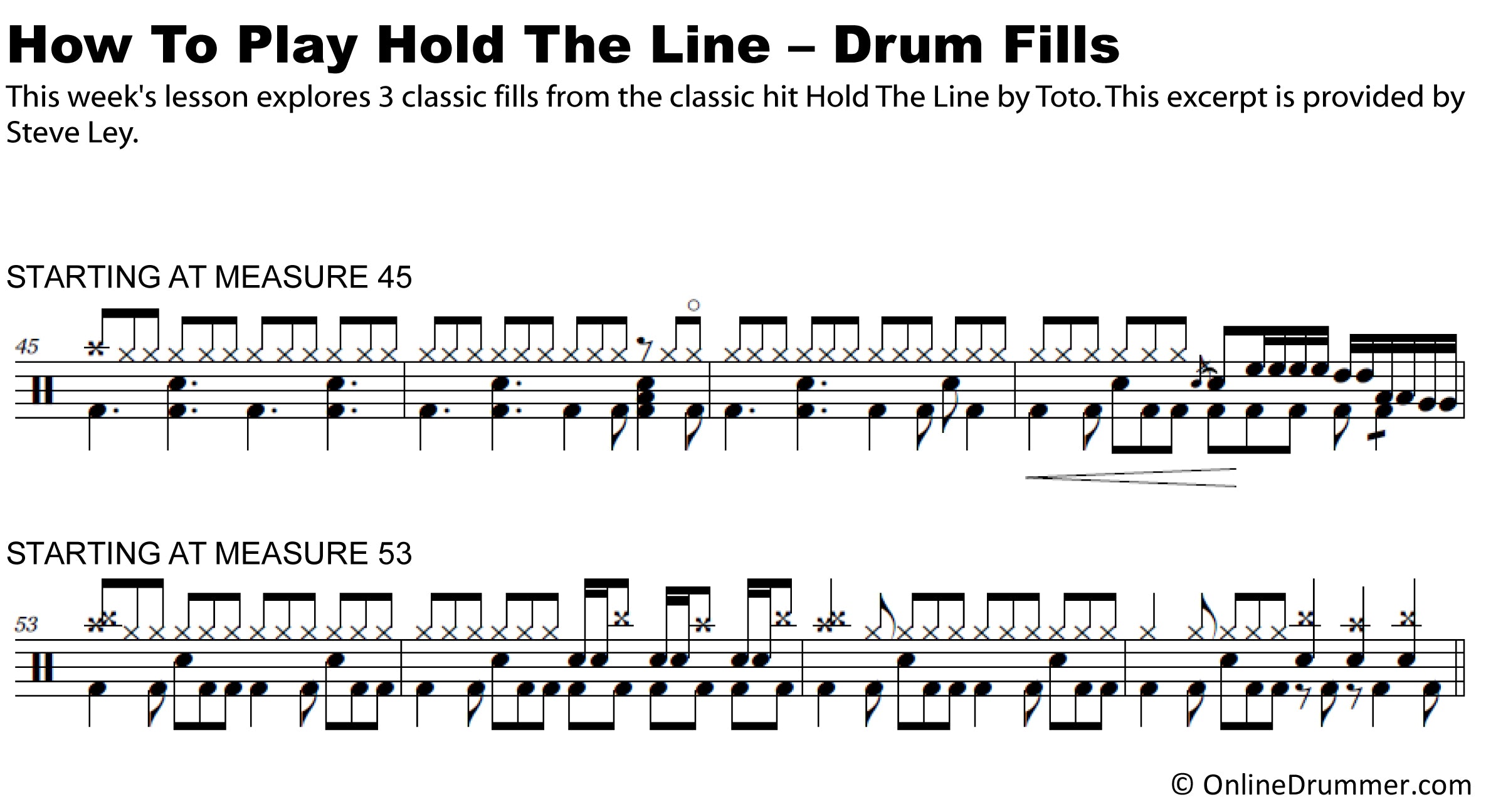 Drum notation for the "How to Play Hold the Line by Toto Drum Fills" drum lesson.