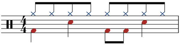 Example of a drum beat written in two voices.