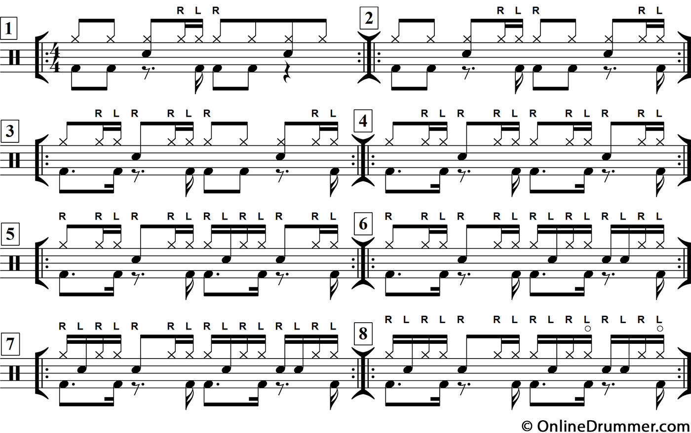 Drum notation for the "Stickin' with the Bass - Drum Beats" drum lesson.