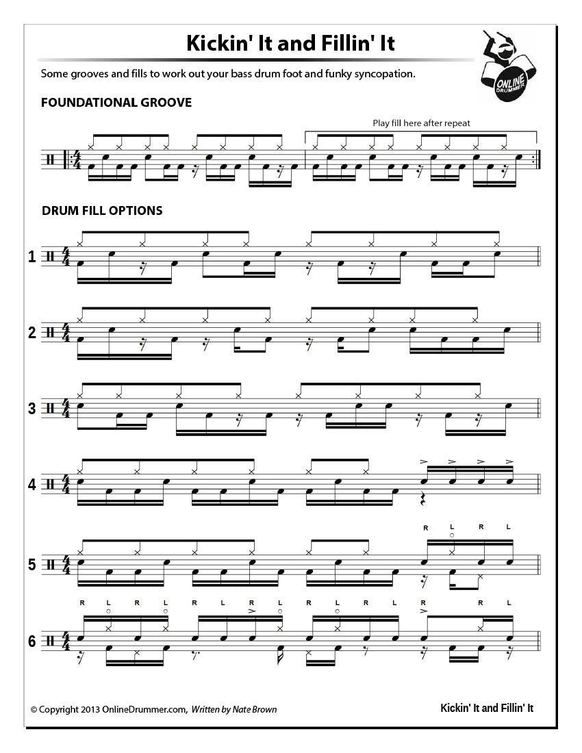 Drum notation for the "Kickin' It and Fillin' It" drum lesson.