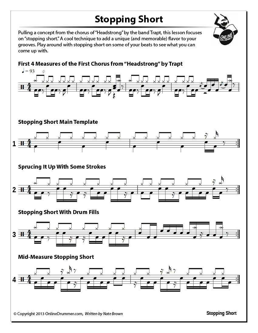 Drum notation from the "Stopping Short" drum lesson.