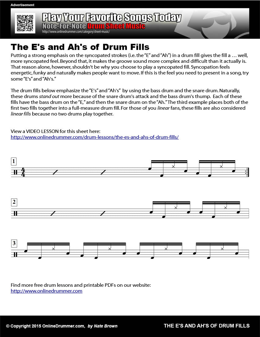 Drum notation for the "E's and Ah's of Drum Fills" drum lesson.