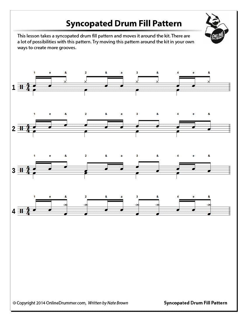 Drum notation for the "Syncopated Drum Fill Pattern" drum lesson.