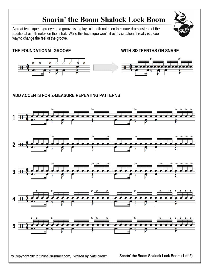 Drum notation for the "Snarin' the Boom Shalock Lock Boom" drum lesson.