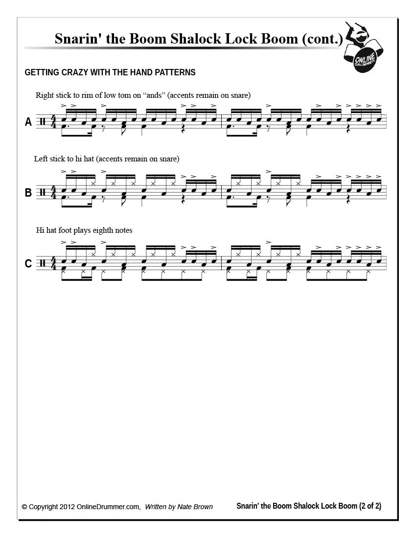 Drum notation for the "Snarin' the Boom Shalock Lock Boom" drum lesson - page 2