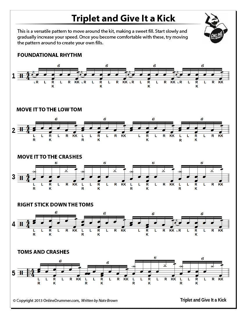 Drum notation for the "Triplet It and Give it a Kick" drum lesson.