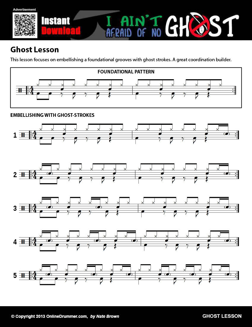 Drum notation for the "Ghost Lesson" drum lesson.