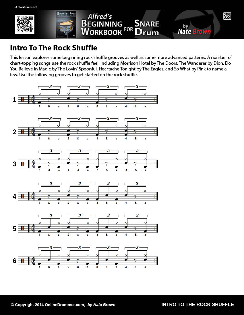 Drum notation for the "Intro to the Rock Shuffle" drum lesson.