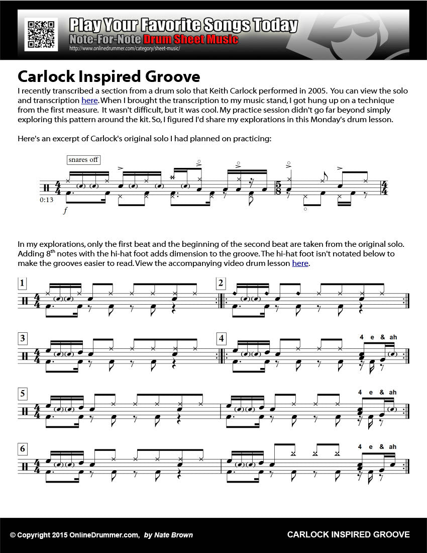 Drum notation for the "Carlock Inspired Groove" drum lesson.