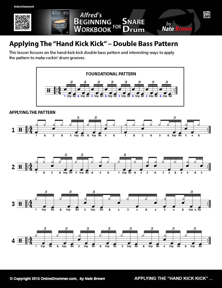 Drum notation for the "Applying the Hand Kick Kick Double Bass Pattern" drum lesson.