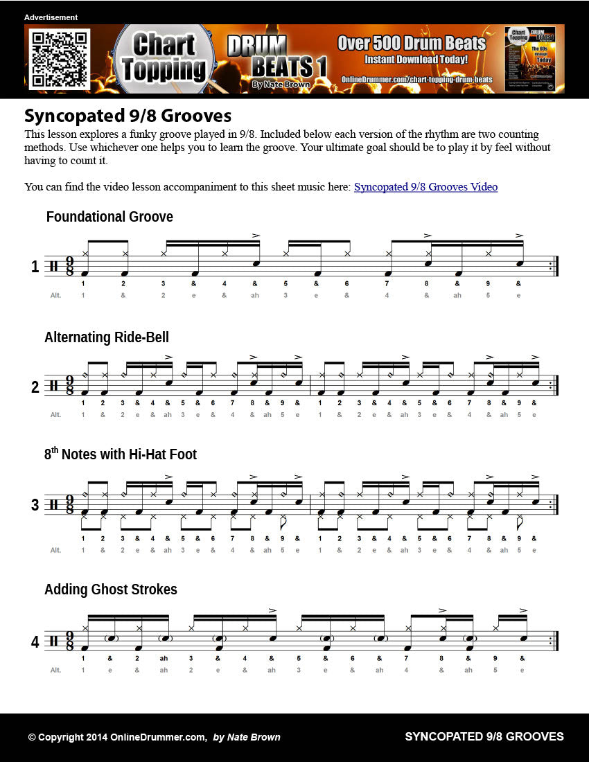 Drum notation for the "Syncopated 9/8 Grooves" drum lesson.