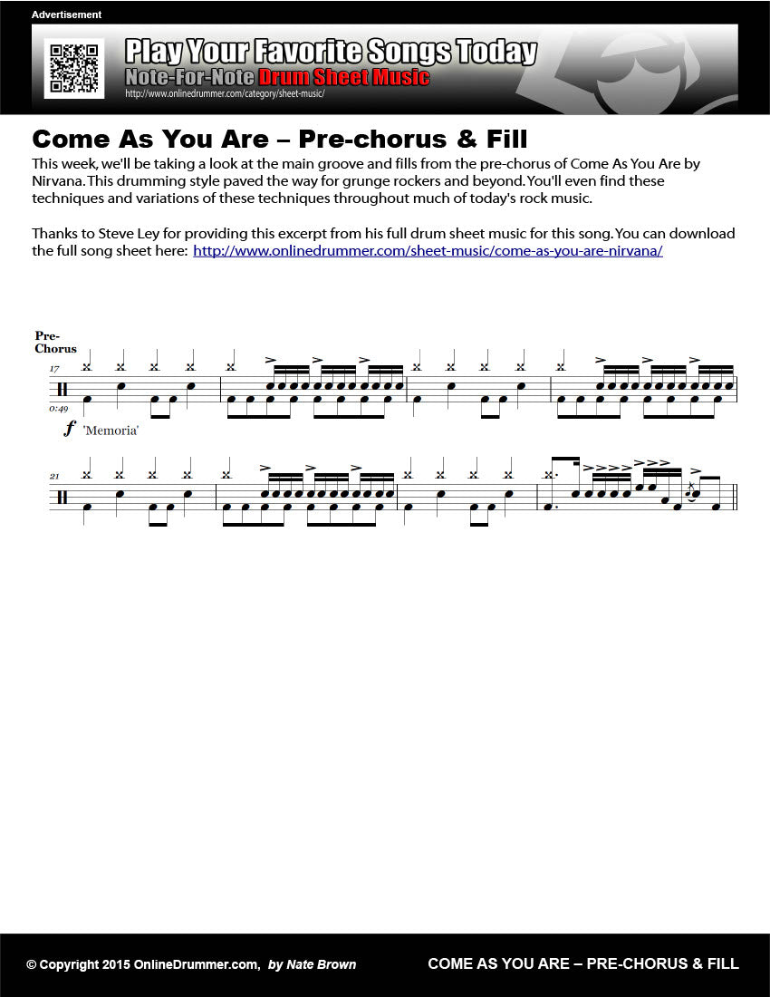 Drum notation from the "Come as You Are - Pre-Chorus & Fill" drum lesson.