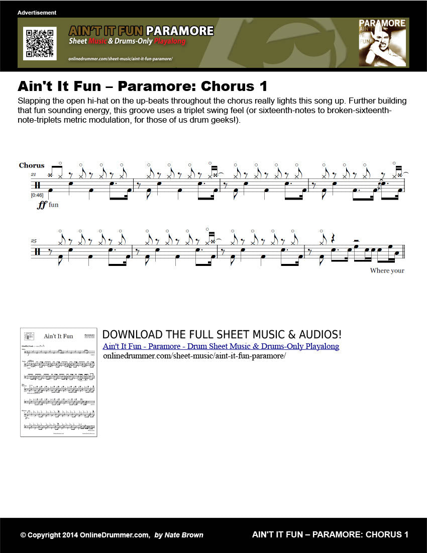Drum notation for the "Ain't it Fun - Paramore: Chorus 1" drum lesson.