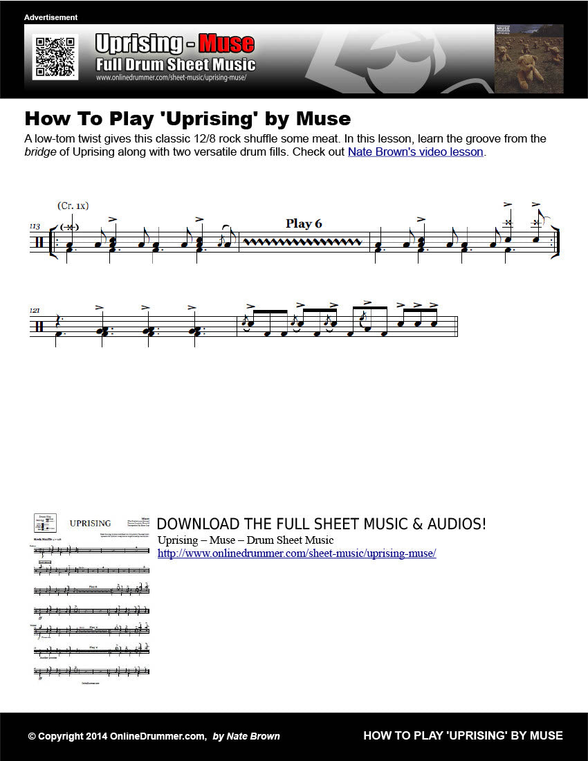 Drum notation for the "How to Play 'Uprising' by Muse" drum lesson.