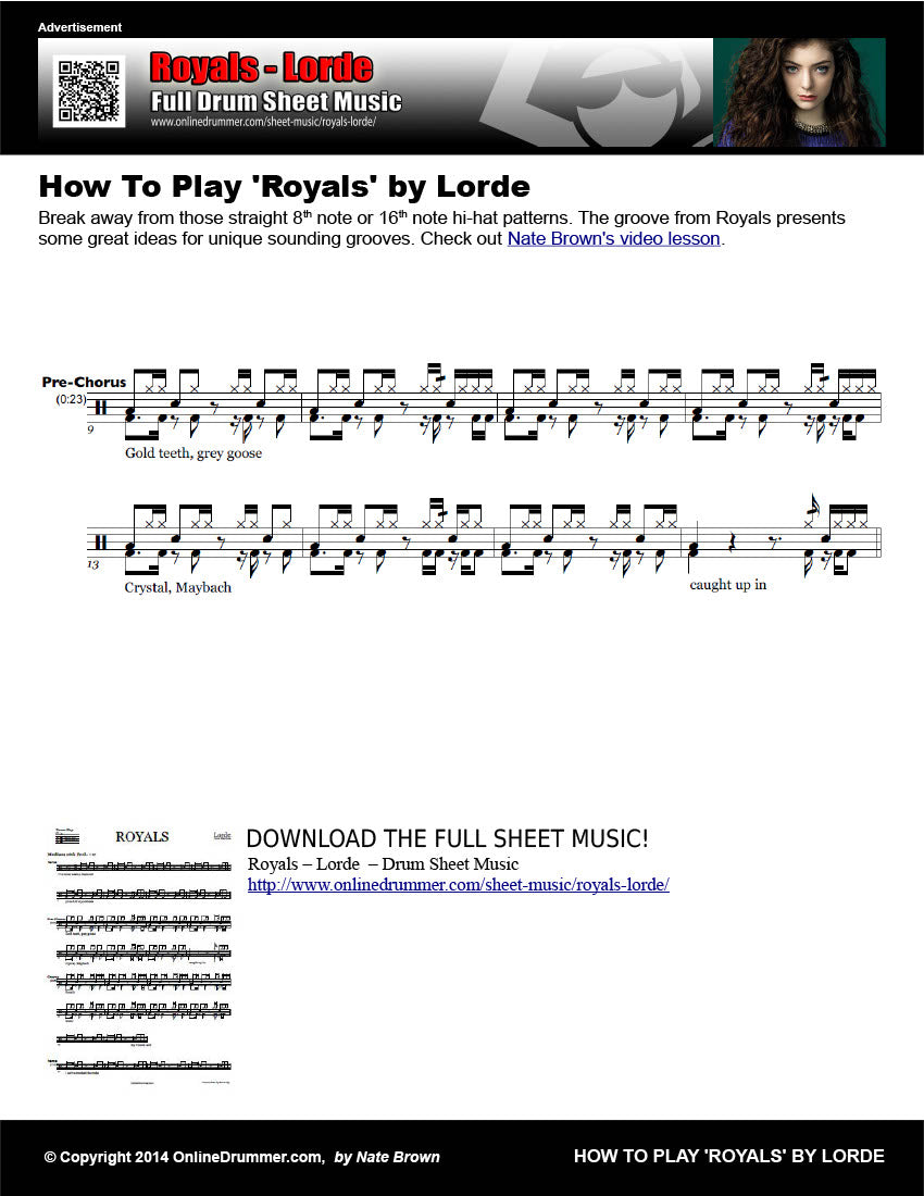 Drum notation for the "How To Play Royals by Lorde" drum lesson.