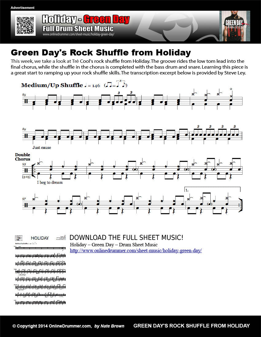 Drum notation for the "Green Day's Rock Shuffle from Holiday" drum lesson.