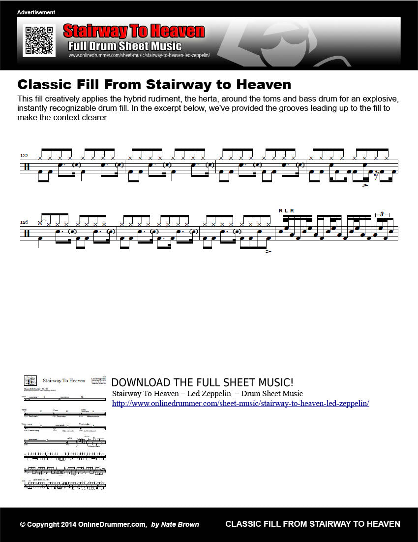 Drum notation from the "Classic Fill From Stairway To Heaven" drum lesson.