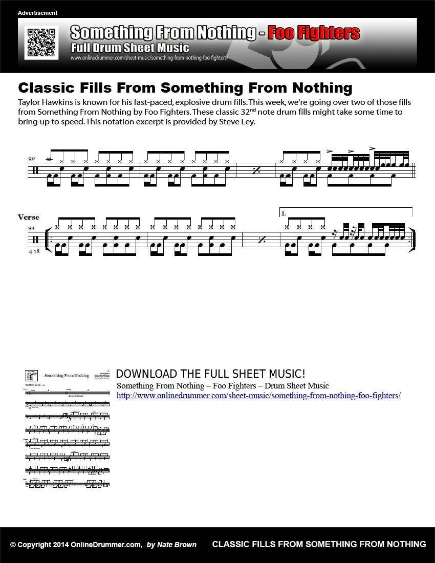 Drum notation for the "Classic Fills from Something From Nothing - Foo Fighters" drum lesson.