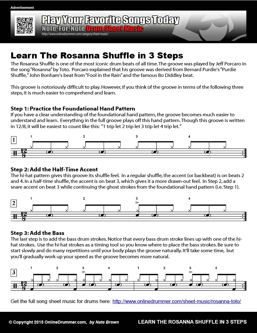 Drum notation for the "How To Play The Rosanna Shuffle - In 3 Steps" drum lesson.