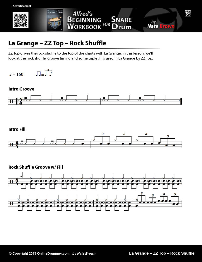 Drum notation for the "La Grange - ZZ Top - Rock Shuffle - Lesson" drum lesson.