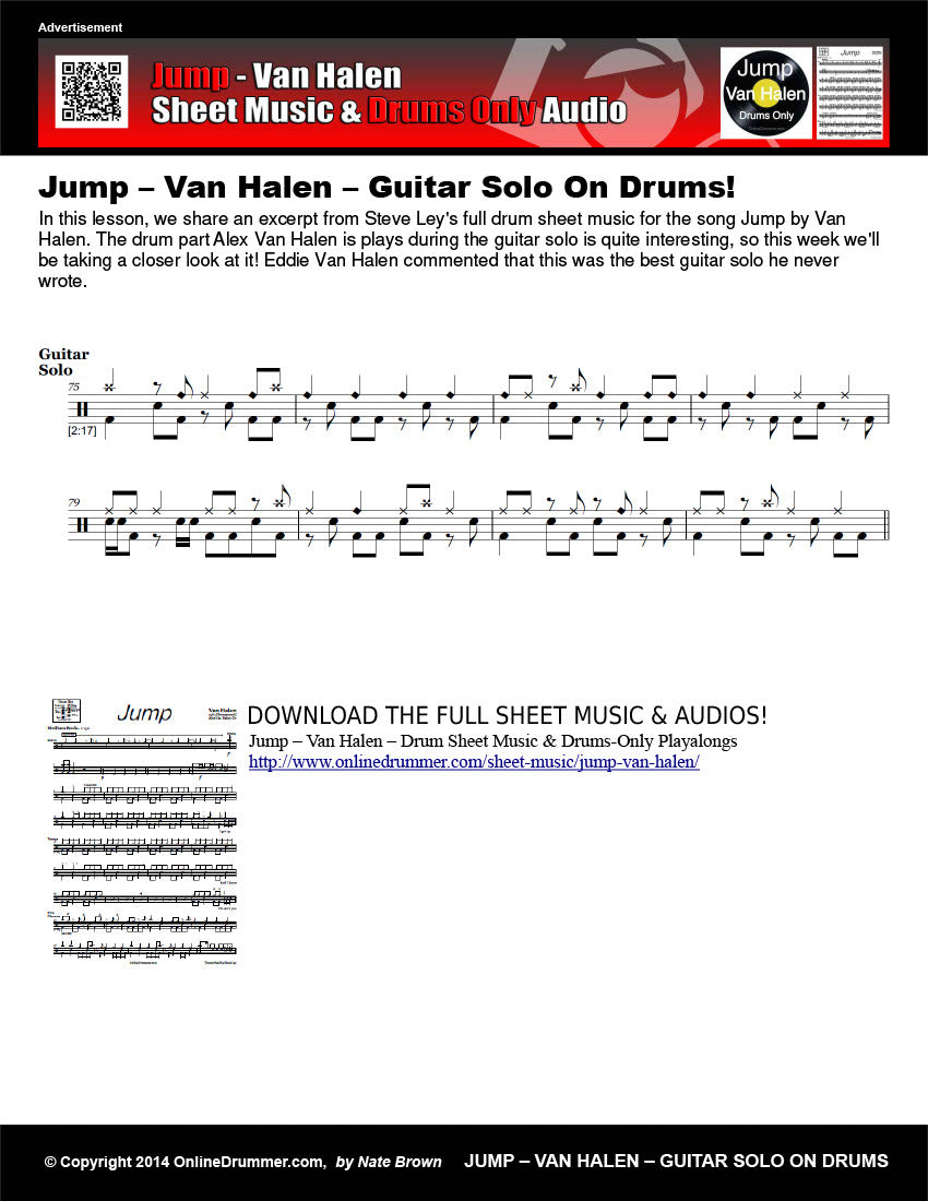 Drum notation for the "How To Play Jump - Van Halen Guitar Solo On Drums" drum lesson.