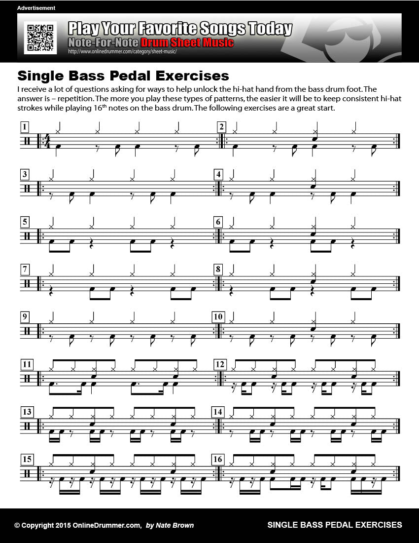 Drum notation for the "Single Bass Pedal Exercises" drum lesson.