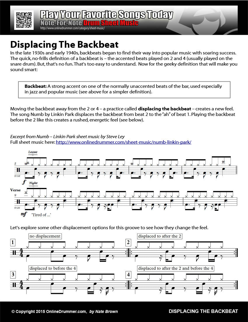 Drum notation for the "Displacing The Backbeat" drum lesson.