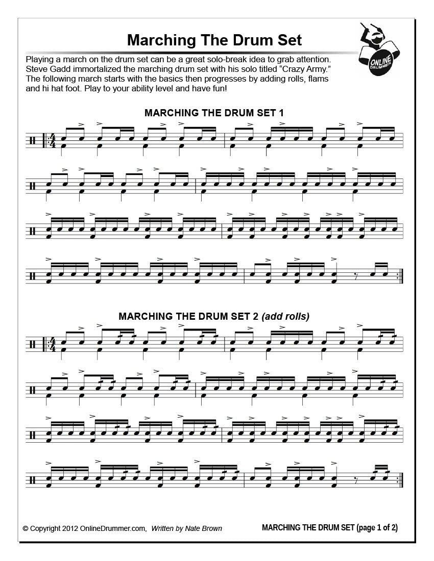 Drum notation from the "Marching The Drum Set" drum lesson. Page 1.