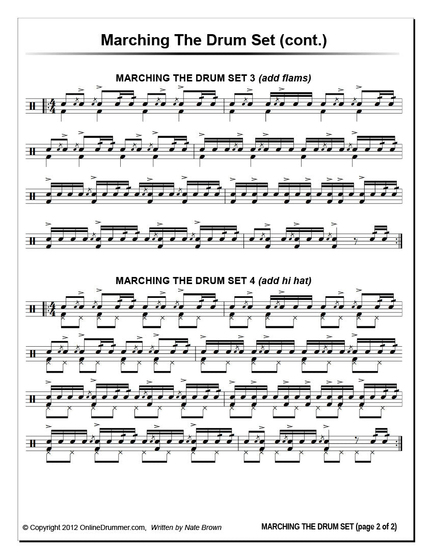 Drum notation from the "Marching The Drum Set" drum lesson. Page 2.